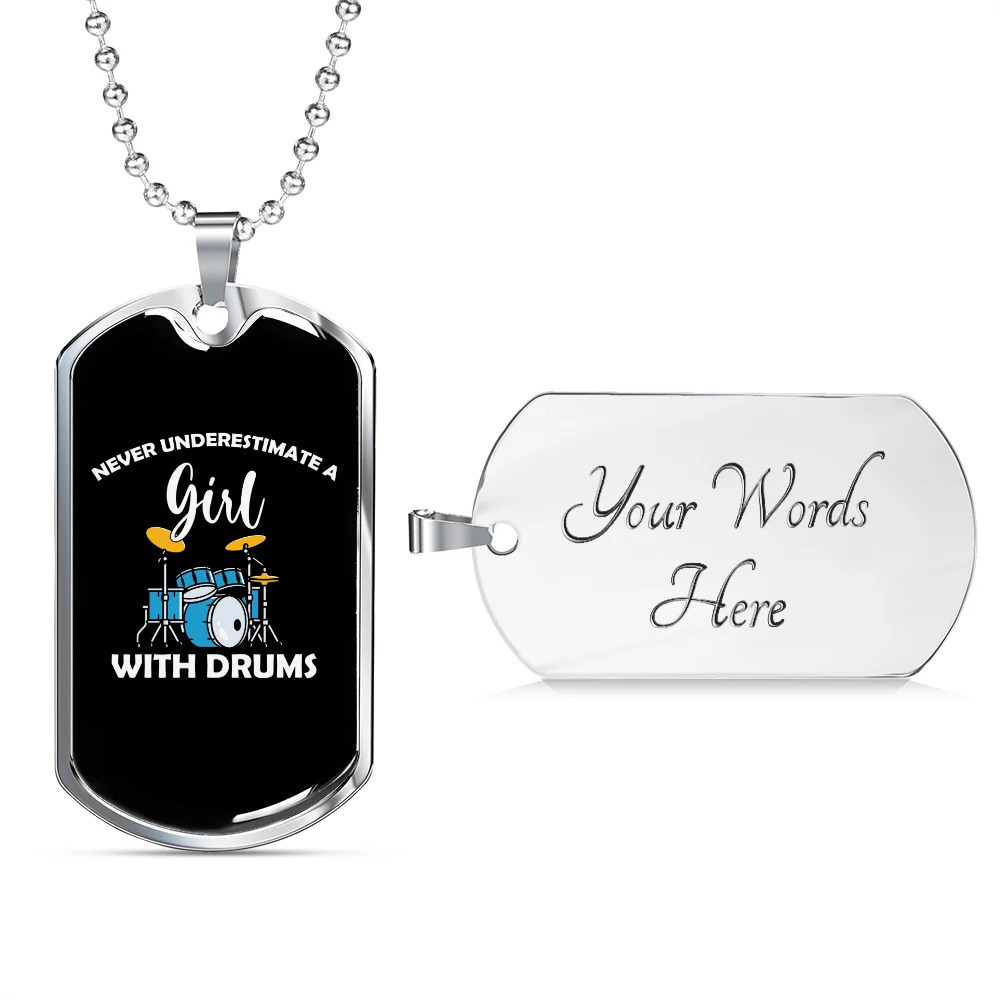 Drummer Necklace Girl With Drums Personalized Engraved Silver Dog Tag Necklace